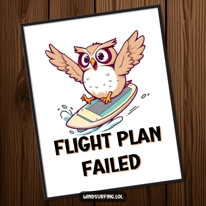 Funny Digital Art Print of a surprised owl comically tumbling off a windsurf board, perfect for immediate humorous decor.