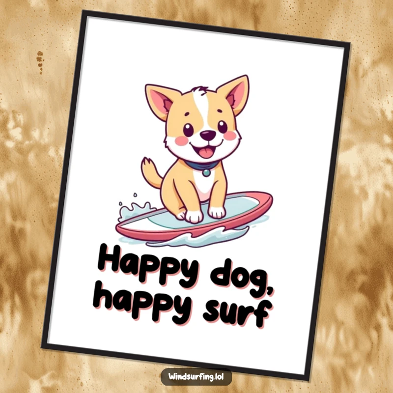 Funny digital art print of a happy dog windsurfing, offering instant fun and canine humor for wall decor.