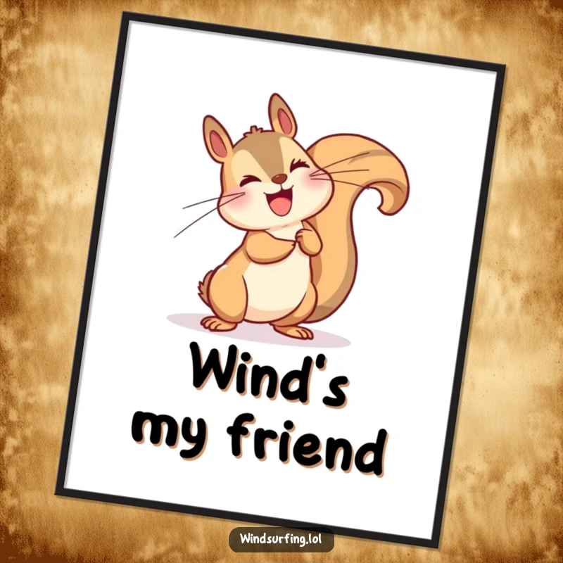 Funny digital art print of a happy squirrel dramatically leaning into a strong wind, conveying playful determination.