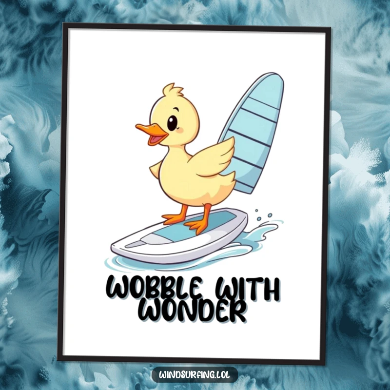 Funny Digital Art: A wobbly duck attempts to stand on a windsurfing board, a hilarious and charming piece.