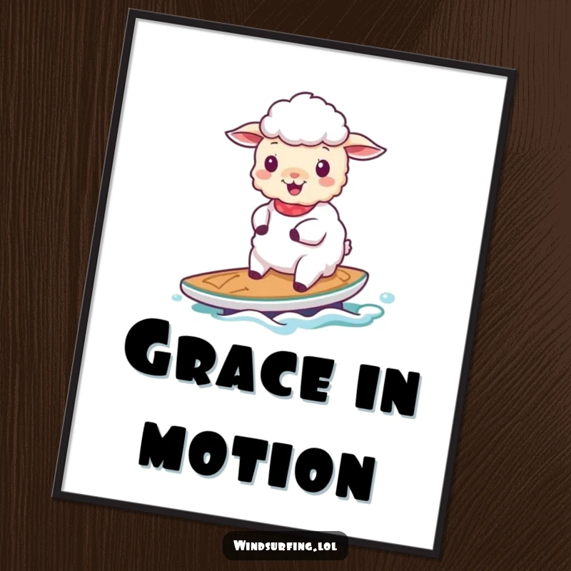 Funny cheerful sheep sailing gracefully on a small board, offered as an instant digital art print for serene home decor.