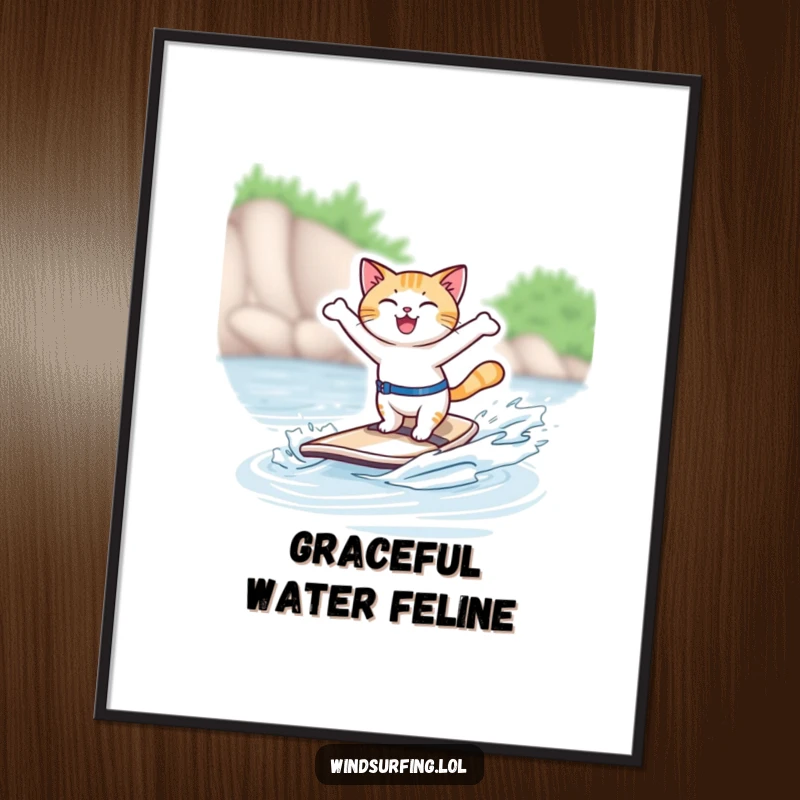 Funny digital art print of a joyful cat windsurfing, offering instant fun and feline humor for wall decor.
