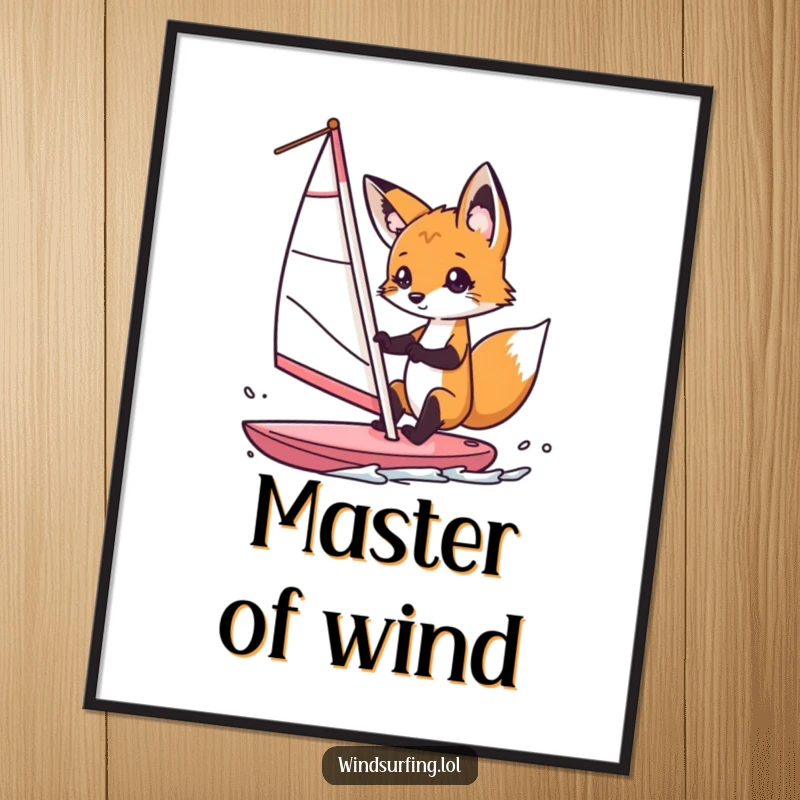 Funny fox windsurfer digital art print, a curious fox steering a windsurf sail with playful intent, bringing instant humor and adventurous spirit.