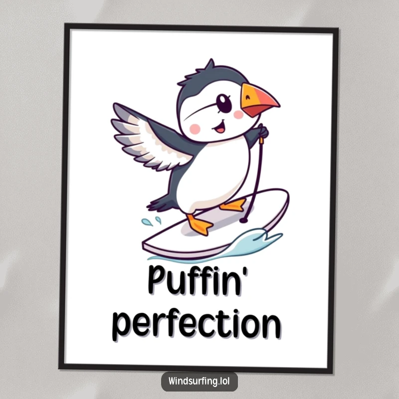 Funny puffin performing a trick on a windsurfing board, high-resolution digital art, whimsical bird illustration.