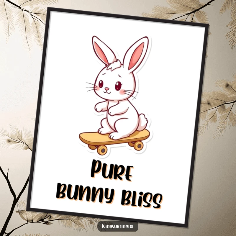 Funny bunny digital art print of a playful bunny riding a board with windblown ears, perfect for cheerful decor.