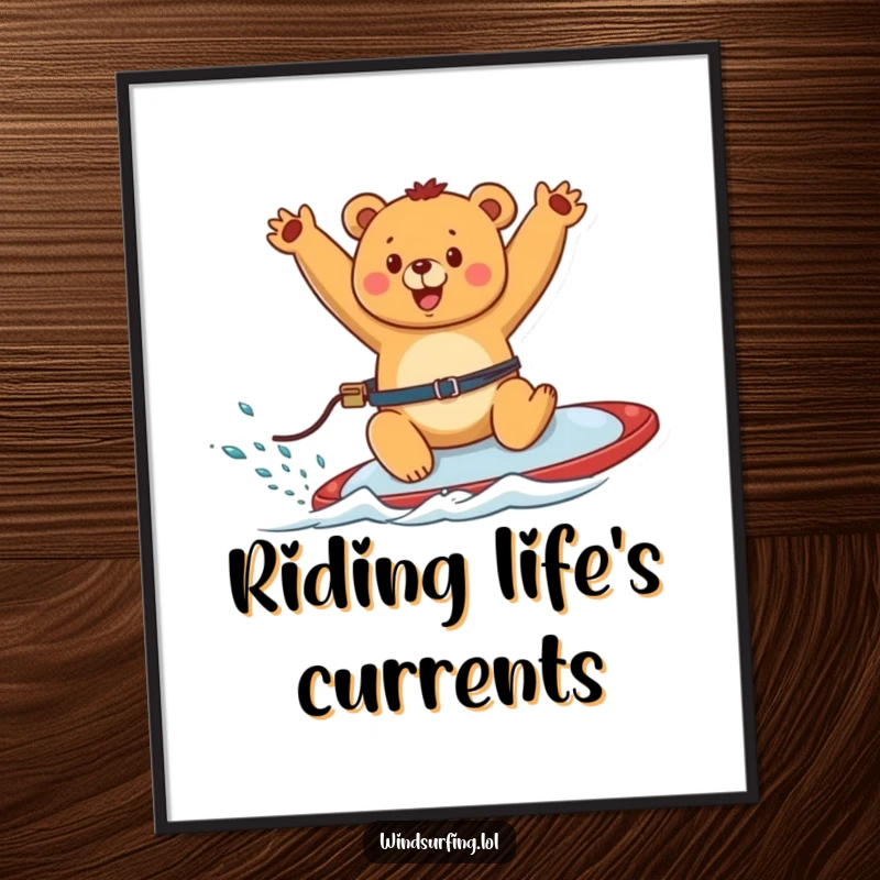 Funny digital art print of a happy bear windsurfing with arms waving, capturing pure joy and exhilarating movement.