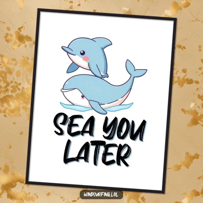 Funny Dolphin and Whale Digital Art showing a proud dolphin sailing past a cute whale. Instant printable wall art for a cheerful ocean theme.