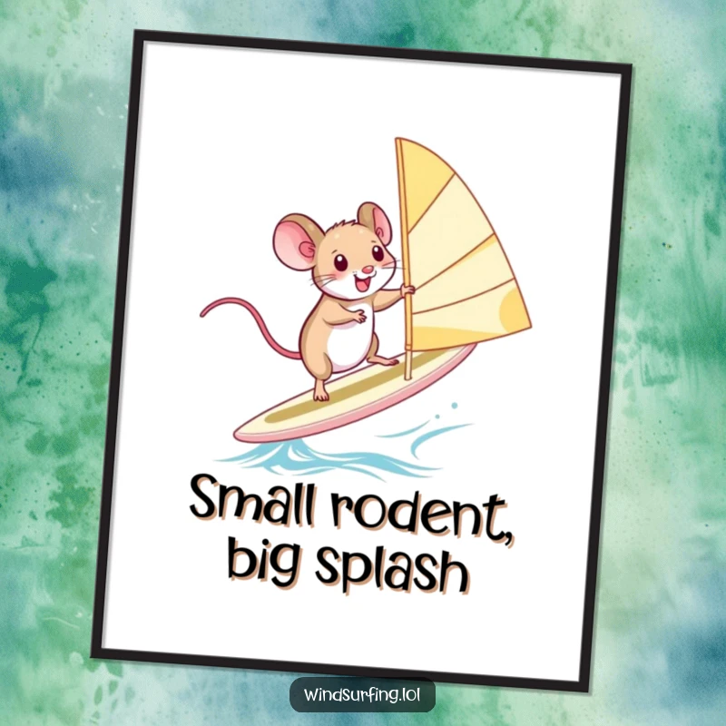 Funny Digital Art: A squealing mouse balances on a windsurfing board, bringing humorous extreme sports energy to decor.