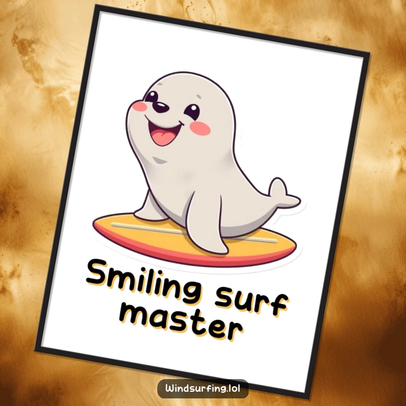 Funny digital art print of a happy seal with a huge smile riding a surfboard, perfect for instant download and cheerful decor.