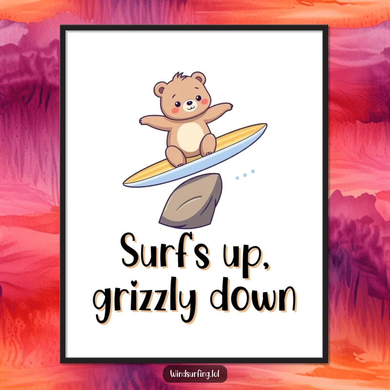 Funny digital art print of a bear comically falling off a surfboard while attempting to ride a wave, full of motion and humor.