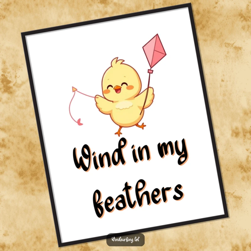 Funny digital art print of a delighted chick using a kite as a sail, full of energy and humorous charm.