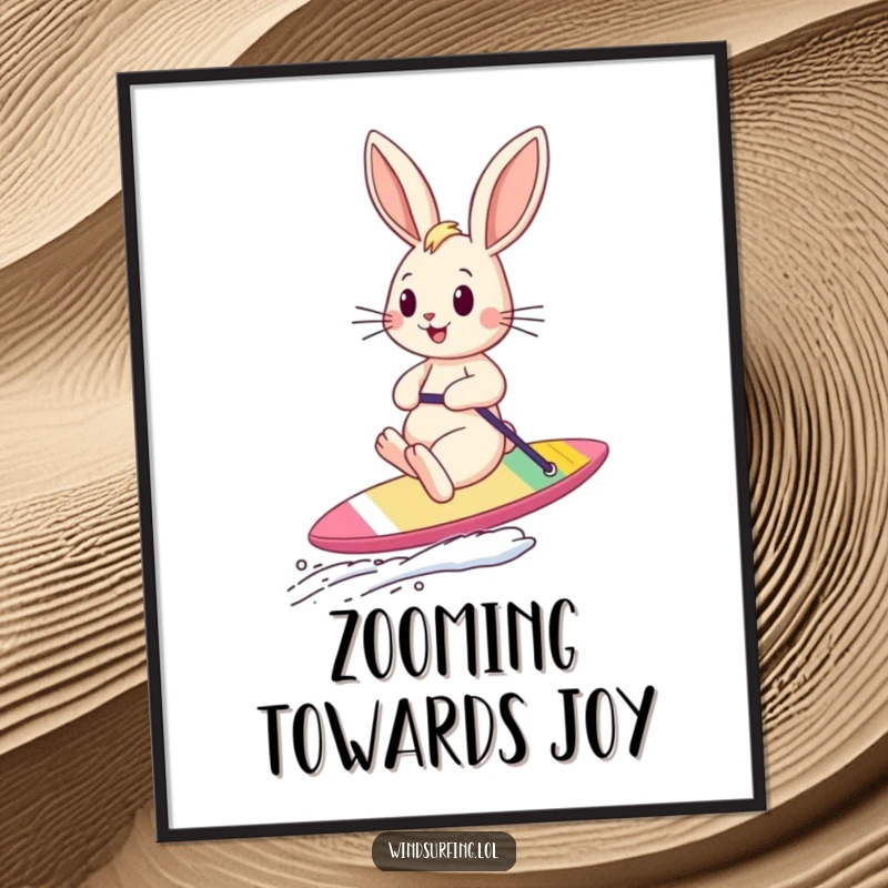 Funny bouncing bunny sailboarding with ears in the wind, available as an instant digital art print for vibrant decor.