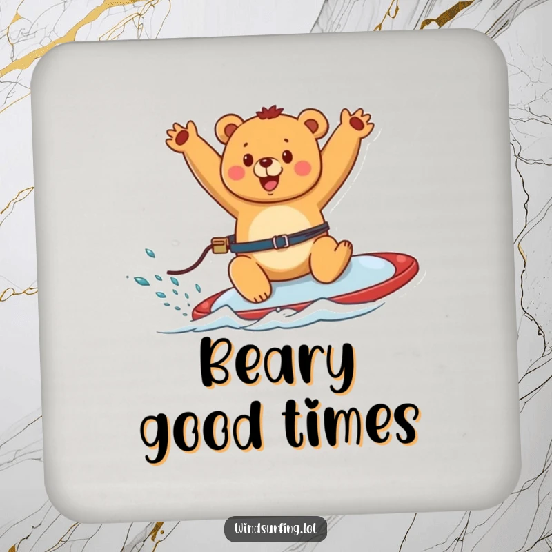 Funny drink coasters featuring a happy bear windsurfing with arms waving, adding a touch of fun to any surface.