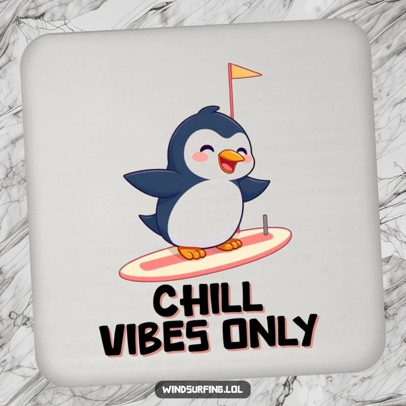 Funny drink coaster with a giggling penguin effortlessly gliding on a sailboard, adding a playful touch of arctic charm.