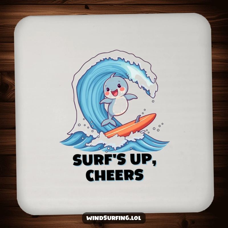 Funny drink coaster with a joyful dolphin surfing a massive wave on a board, adding a cool surf vibe to any surface.