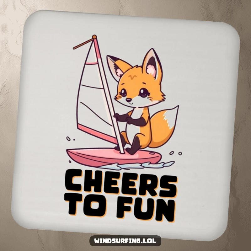 Funny fox windsurfer coasters, showing a curious fox steering a windsurf sail with playful intent, protecting surfaces with humor and style.