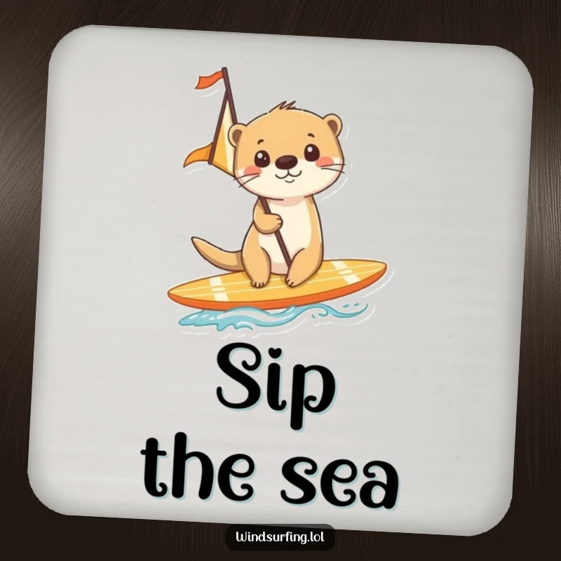 Funny drink coaster featuring a cheerful otter surfing on a board with a sail, gliding across the waves.