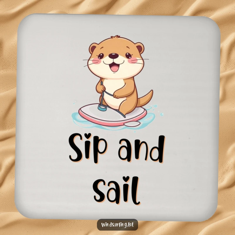 Funny Coaster: A joyful otter windsurfing on a tiny board, adding a touch of aquatic fun.