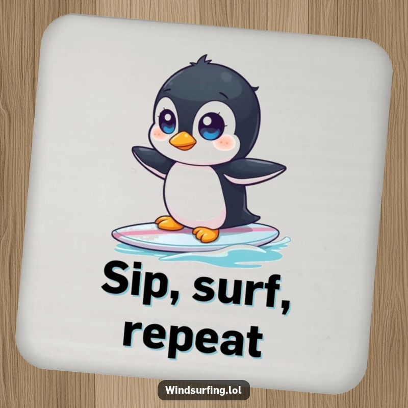 Funny drink coaster featuring a curious penguin with wide eyes, hilariously wobbling on a surfboard.