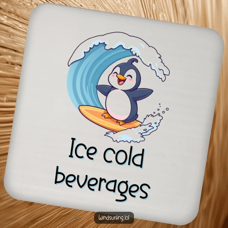Funny penguin laughing on a surfboard as a wave approaches, depicted on a drink coaster for a humorous and practical accessory.