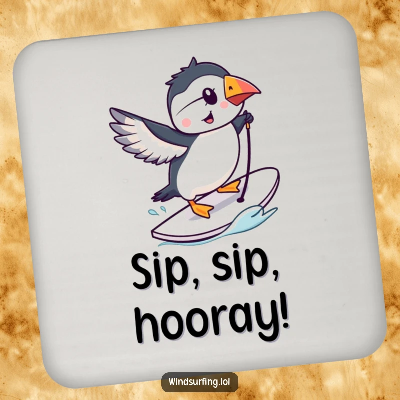 Funny puffin doing a trick on a windsurfing board, cartoon coaster, bird-themed drink accessory.