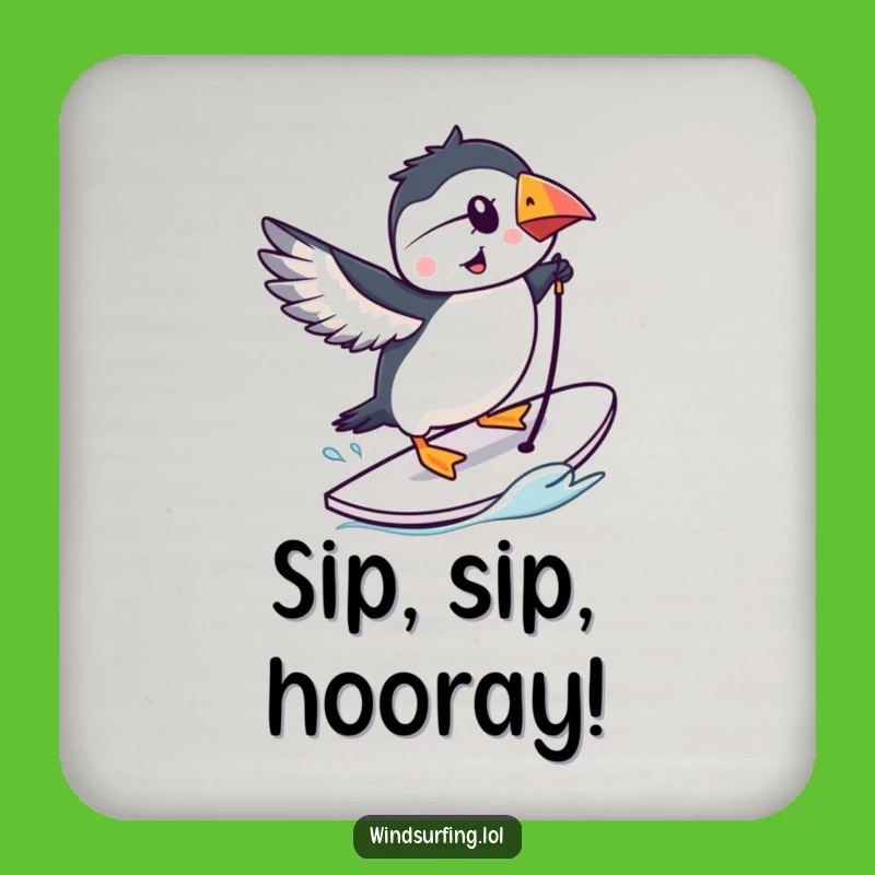 Funny Puffin Windsurfing Drink Coaster - Protect Surfaces with Birdy Flair