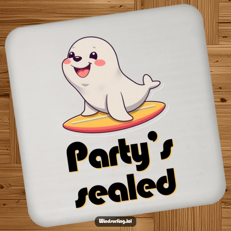 Funny drink coasters featuring a happy seal with a huge smile riding a surfboard, adding charm and protecting surfaces.