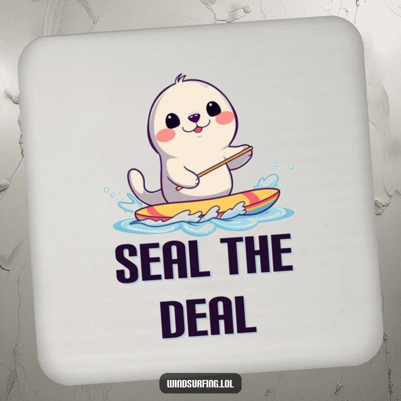 Funny Seal Windsurfing Drink Coaster: A smiling seal splashes water while windsurfing, protecting surfaces with humor.