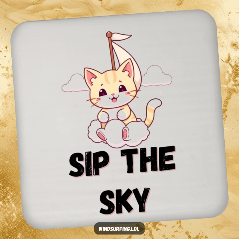 Funny drink coasters featuring a smiling cat sailing with its sail catching a puffy cloud, adding whimsical flair.