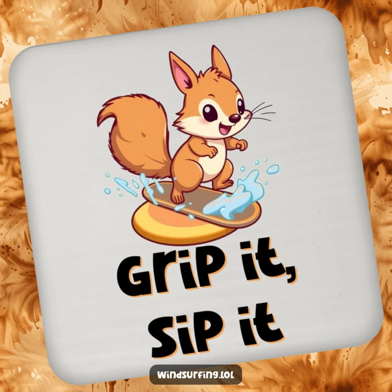 Funny energetic squirrel zooming across water on a board on a drink coaster, bringing a splash of action to tabletops.
