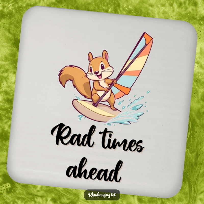 Funny squirrel windsurfing with intense focus, depicted on a protective drink coaster, adding a humorous element to beverage service.