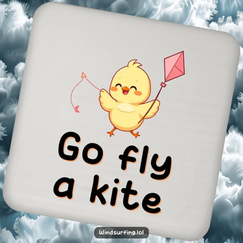 Funny drink coaster with a delighted chick using a kite as a sail, adding whimsical humor to any surface.