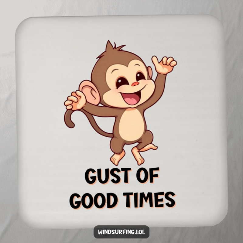 Funny drink coasters featuring a mischievous monkey leaning playfully into a strong gust of wind, adding playful flair.