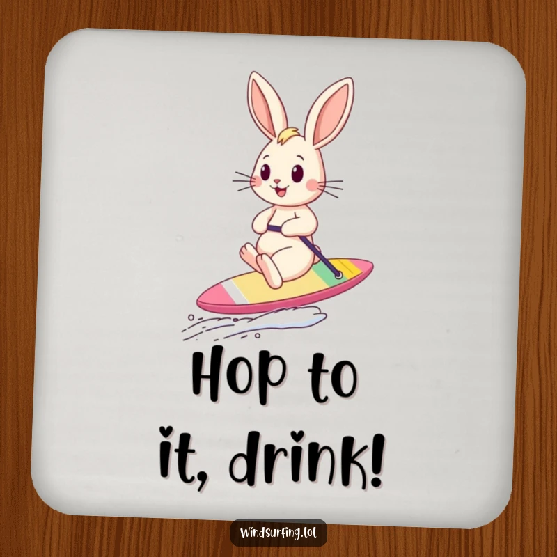 Funny bouncing bunny sailboarding with windblown ears on a drink coaster, adding a touch of energetic humor to tabletops.