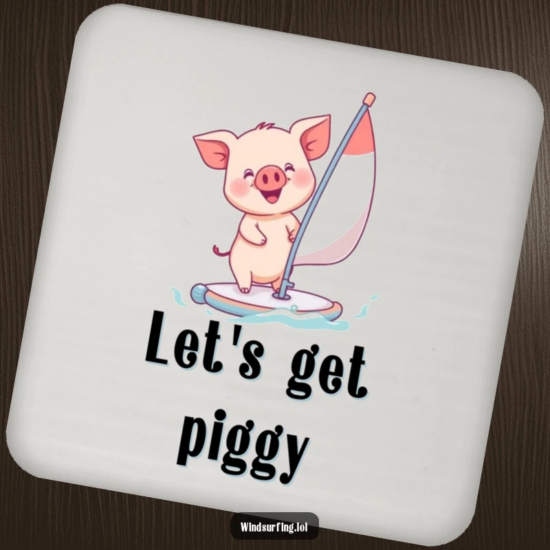 Funny piglet windsurfing with a happy grin, showcased on a protective drink coaster, bringing adorable and humorous charm to any table.