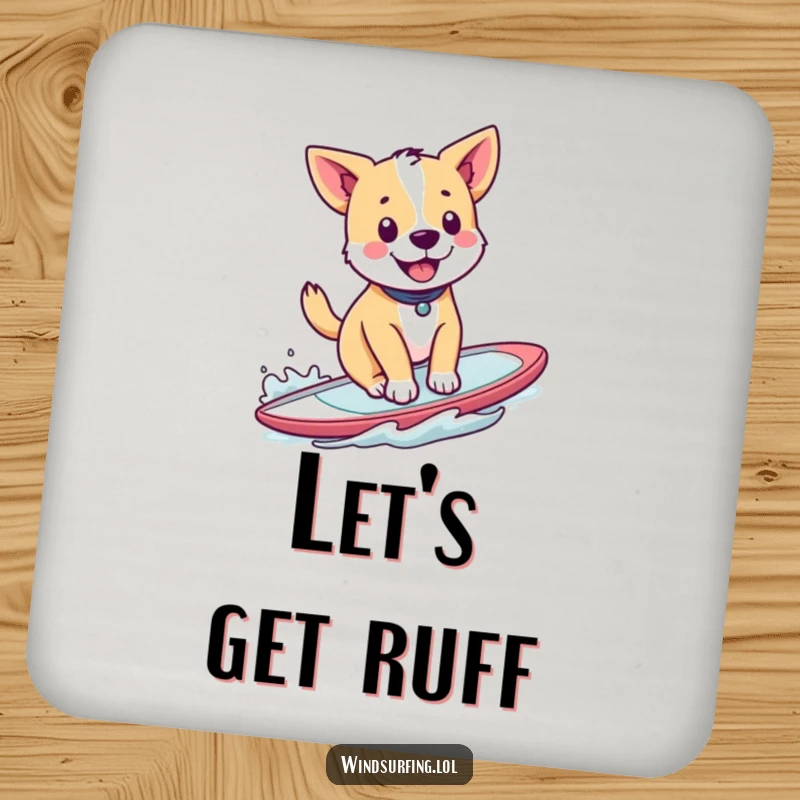 Funny drink coaster with a happy dog windsurfing, protecting surfaces with canine flair and humor.