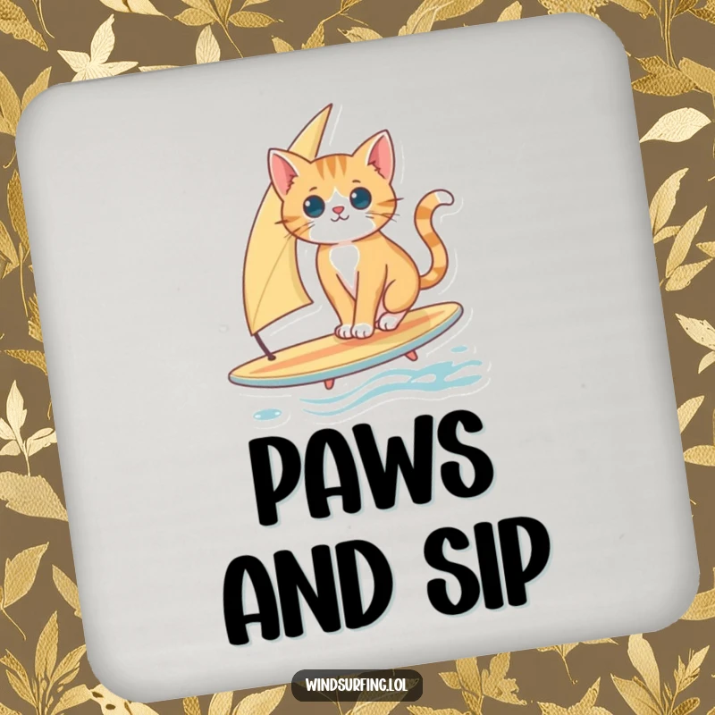 Funny Cat Surfing Drink Coaster: A curious cat balances on a surfboard with a sail, protecting surfaces with humor.
