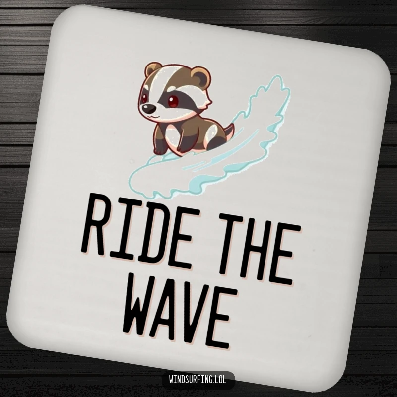 Funny badger coaster featuring a brave badger surfing a wave, adding a cool and protective element to any table.