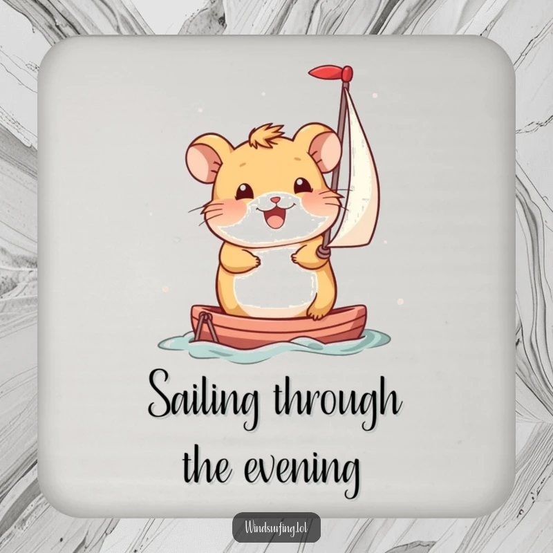 Funny Coasters: Smiling hamster propels itself with a miniature sail, adding humorous nautical charm and surface protection.