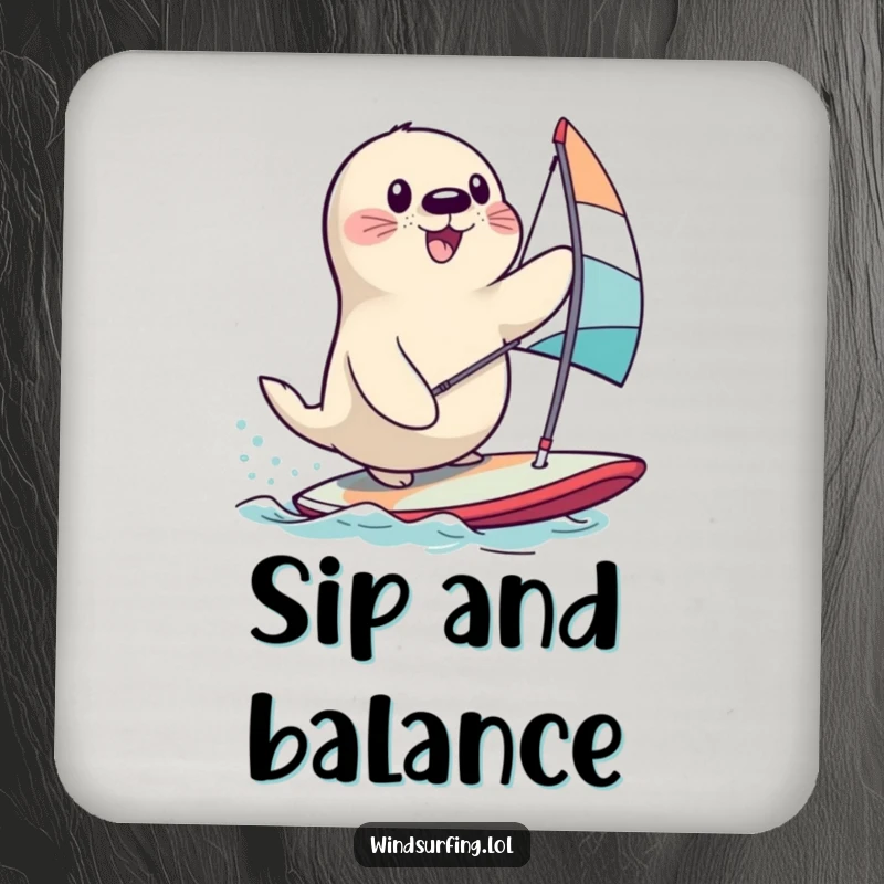 Funny seal wobbling on a windsurfing board, a hilarious image for a protective and funny drink coaster.