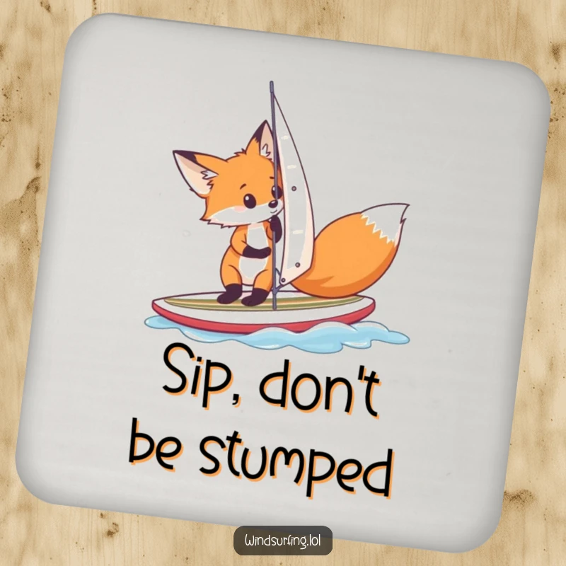 Funny fox adjusting its sail on a small surfboard, depicted on a drink coaster for a humorous and practical accessory.