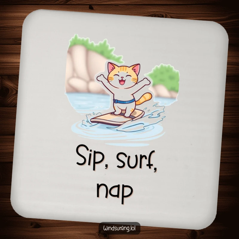 Funny drink coaster with a joyful cat windsurfing, protecting surfaces with feline flair and humor.