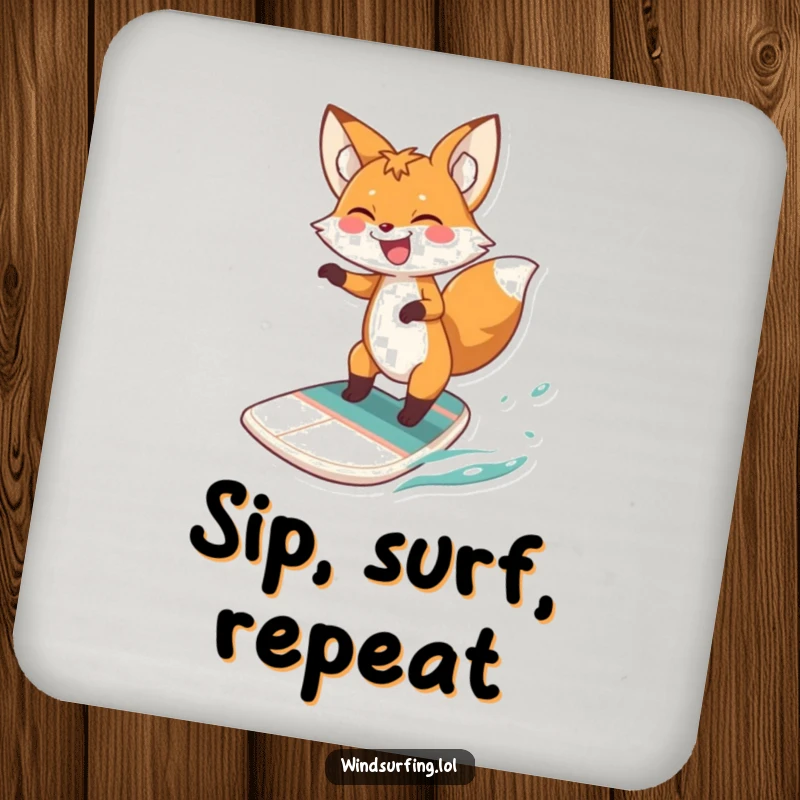 Funny fox windsurfing coasters, illustrating a fox gleefully windsurfing, protecting furniture with humor and style, perfect gift set.
