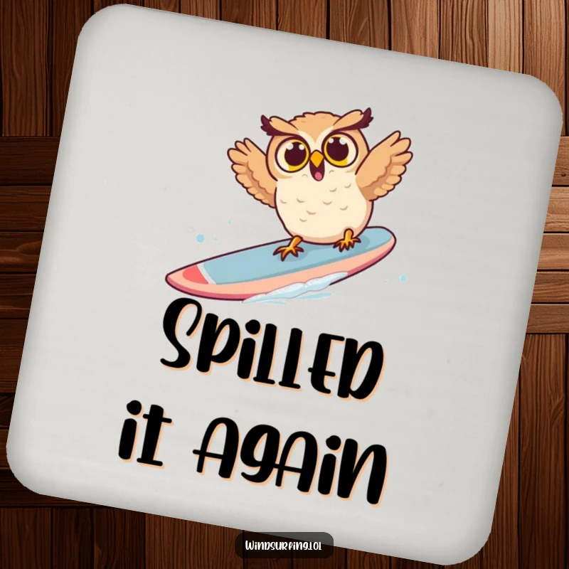 Funny owl coaster featuring a surprised owl tumbling off a windsurf board, adding humor and protection to surfaces.