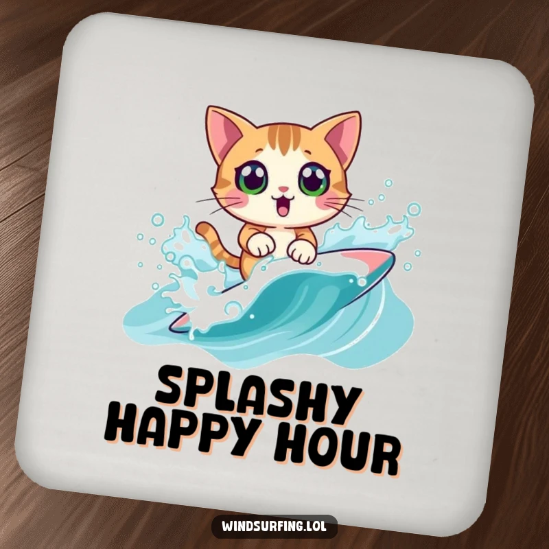 Funny Coasters: A surprised cat windsurfing, protecting surfaces with humor and a splash, a fun funny gift.