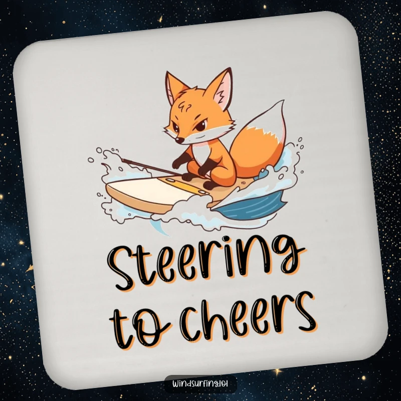 Funny fox coaster featuring a determined fox steering a surfboard through choppy water, adding determined protection.