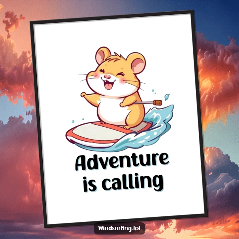 Funny poster displaying a cheerful hamster with a wide grin, expertly steering a windsurf board with determination.