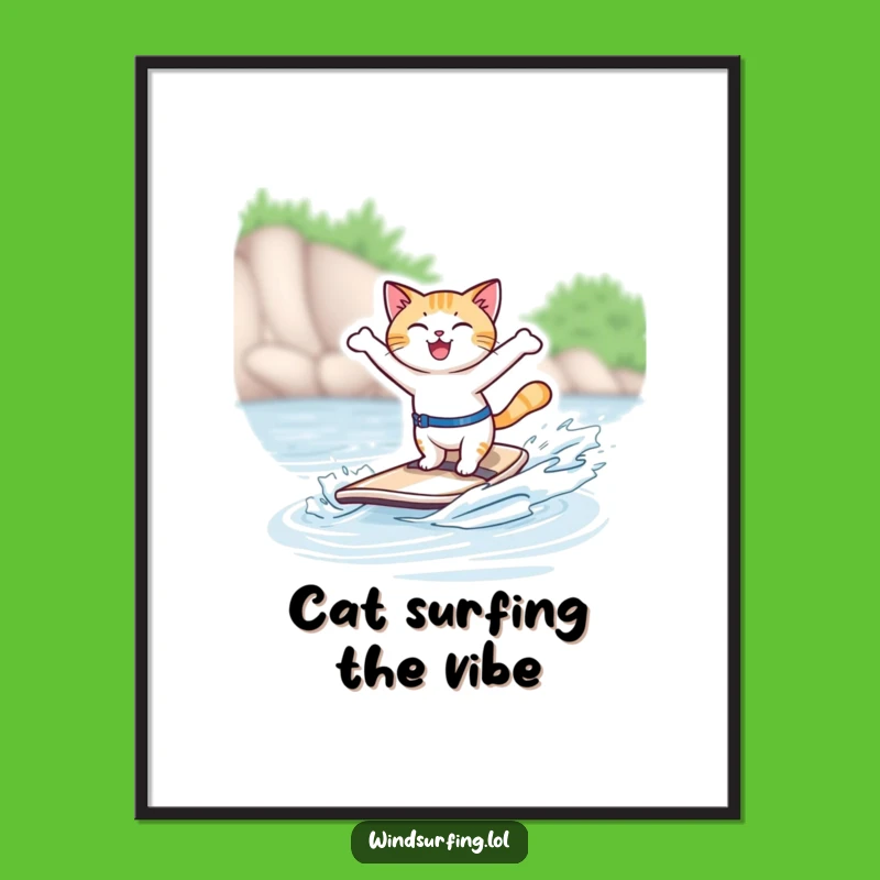 Funny Windsurfing Cat Poster: Bring Joyful Feline Vibes to Your Walls with This Art