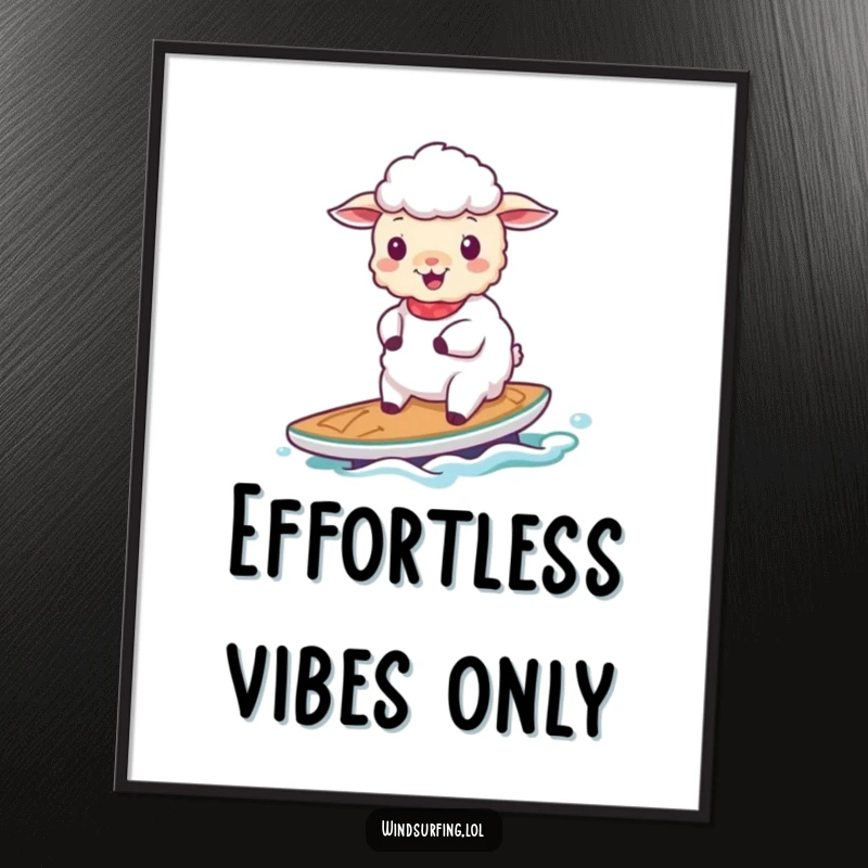Funny cheerful sheep sailing gracefully on a small board, presented as delightful wall art for a touch of serene humor.