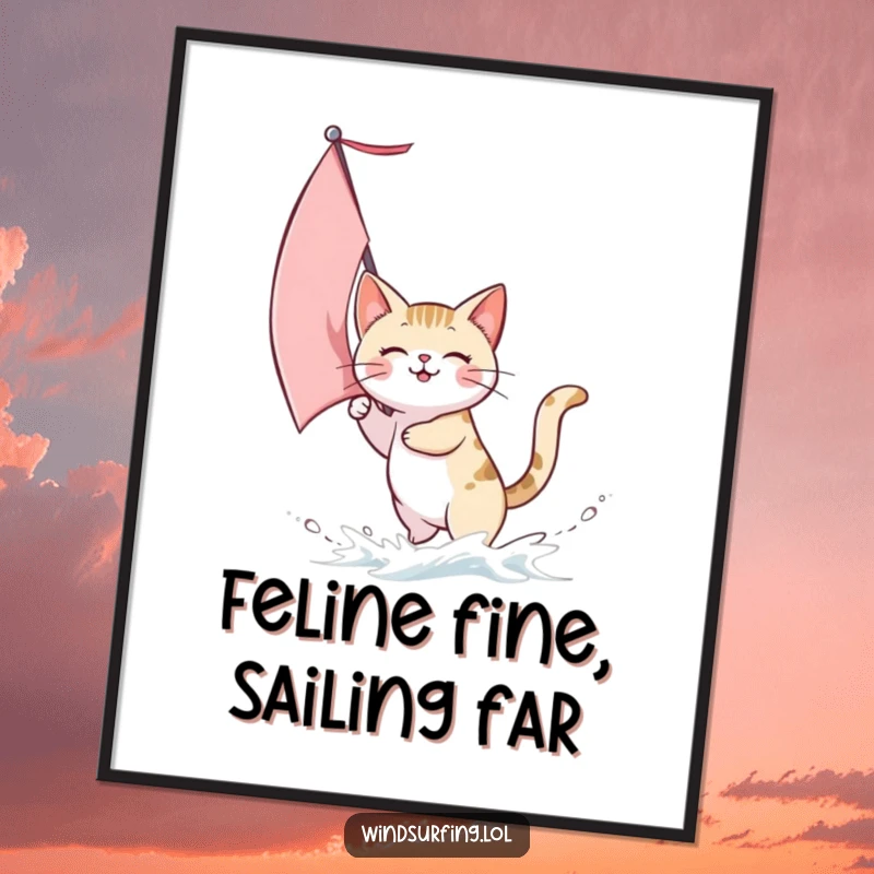 Funny poster illustrating a cat sailing with a sail catching wind, radiating joy and the spirit of adventure.